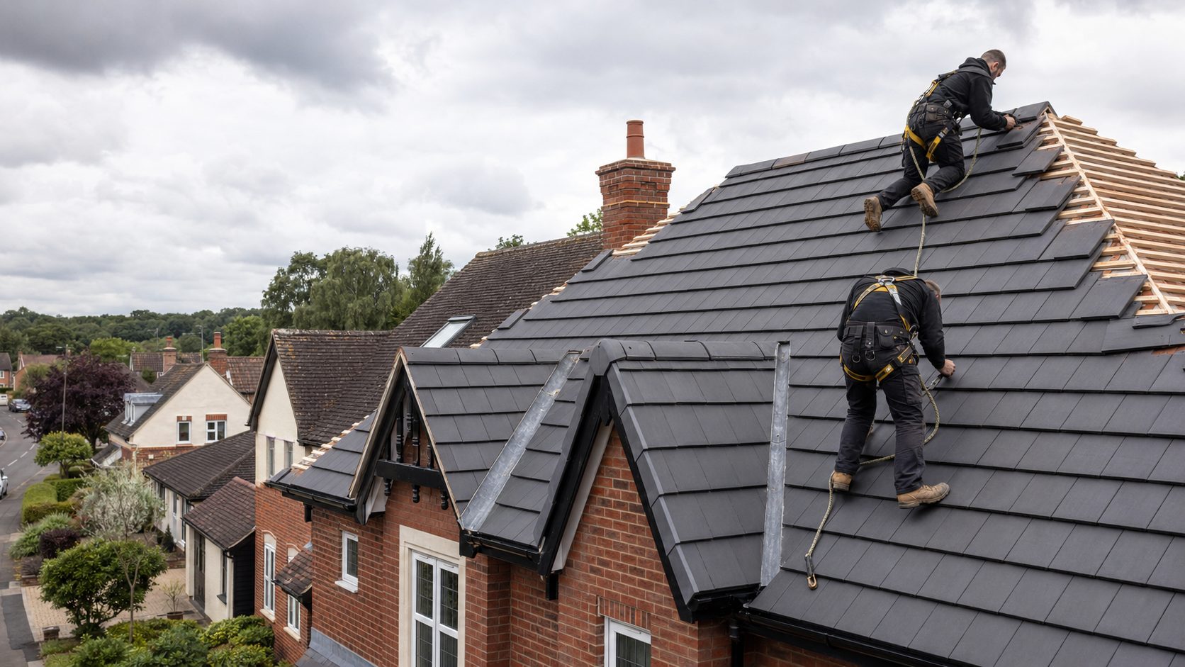 Larke's Roofs roofers installing a new tiled pitched roof on a Norfolk home