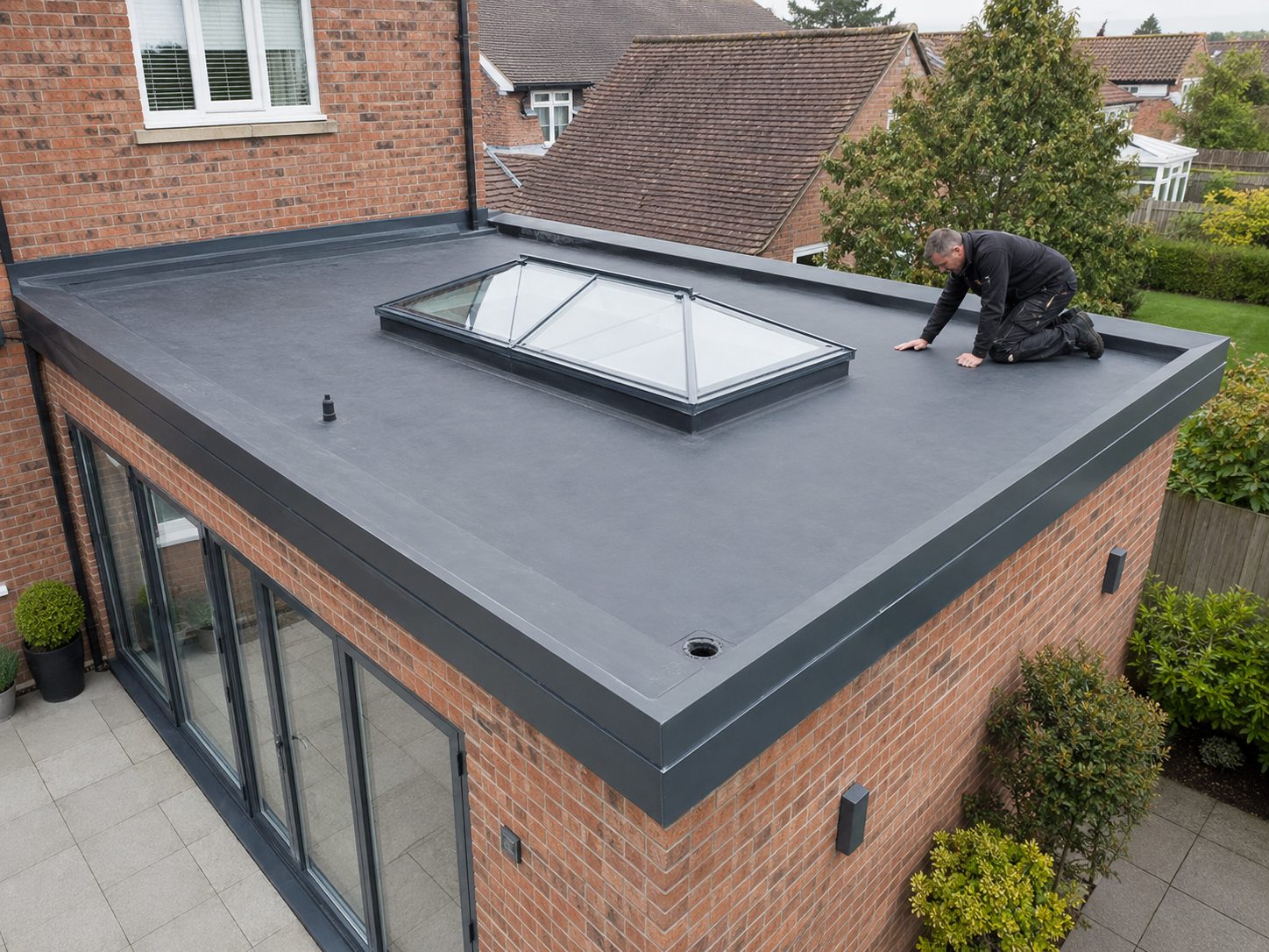 EPDM rubber flat roof with rooflight on a modern extension