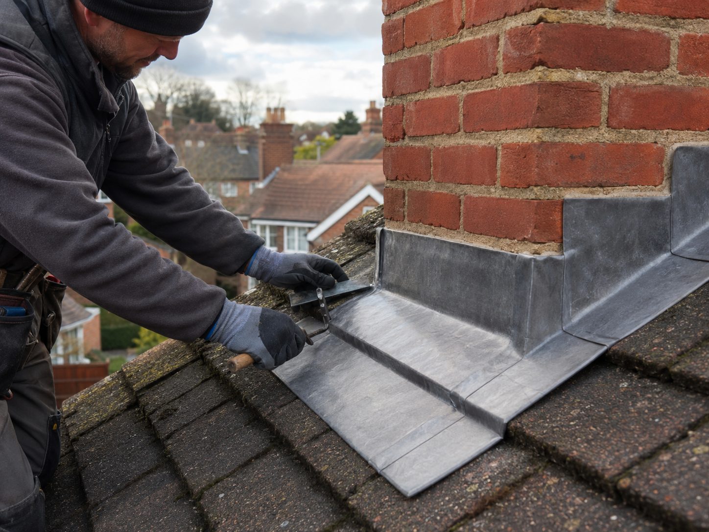 Roofer hand-dressing lead flashing around a brick chimney