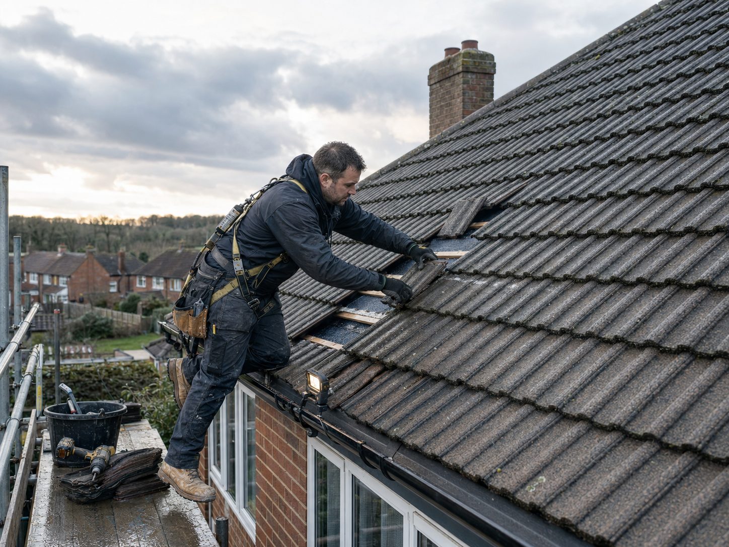 Roofer refixing tiles on a scaffolded pitched roof at dusk